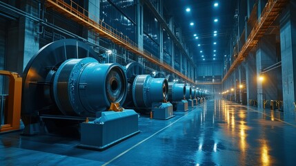 Interior of an industrial warehouse containing large industrial machinery