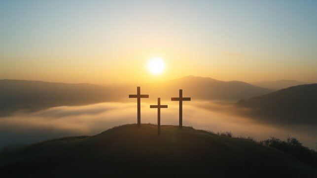 Three crosses standing on distant hill during sunrise with soft fog in the valley below. Peaceful and spiritual ambiance. Good Friday banner with copy space.