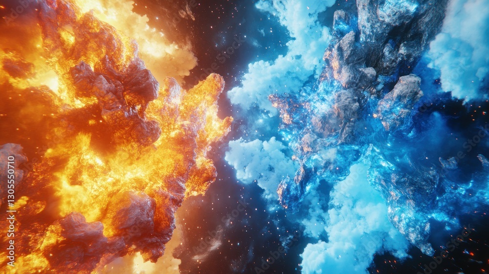 Poster celestial scene depicting two elemental sides with fire and ice