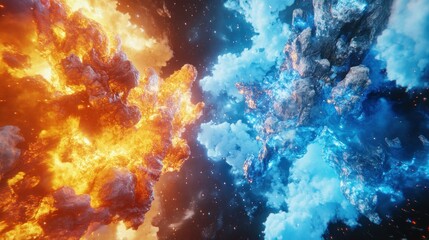 Celestial scene depicting two elemental sides with fire and ice