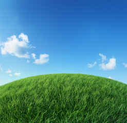 Obraz premium Green grassy hill with a blue sky background, ultra-realistic photography