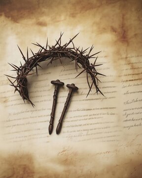 Vintage style flat lay of crown of thorns and three rusty nails placed on aged parchment with faint biblical script. Good Friday concept.
