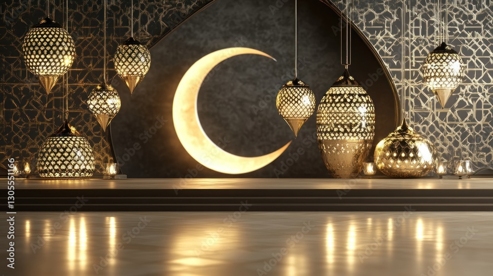 Poster a collection of hanging lanterns with a glowing crescent moon