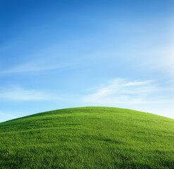Fototapeta premium Green grassy hill with a blue sky background, ultra-realistic photography