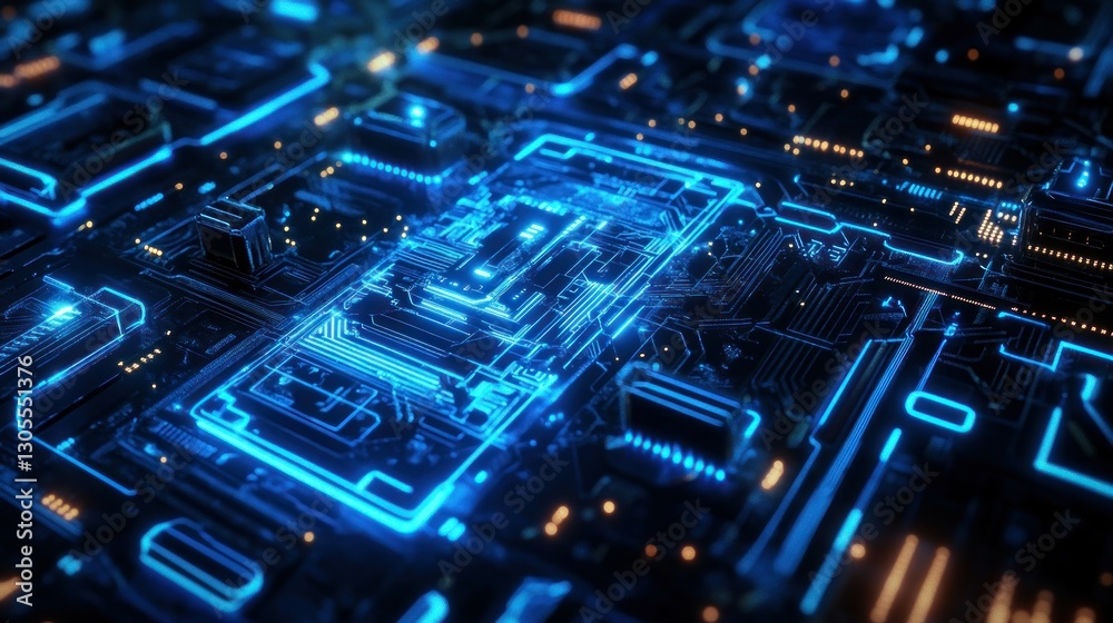 Poster digital electronic circuitry with intricate illuminated details for modern technology
