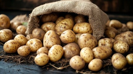 Rustic burlap sack spilling out clean earthy potatoes of various shapes and sizes softly lit to emphasize natural farm freshness