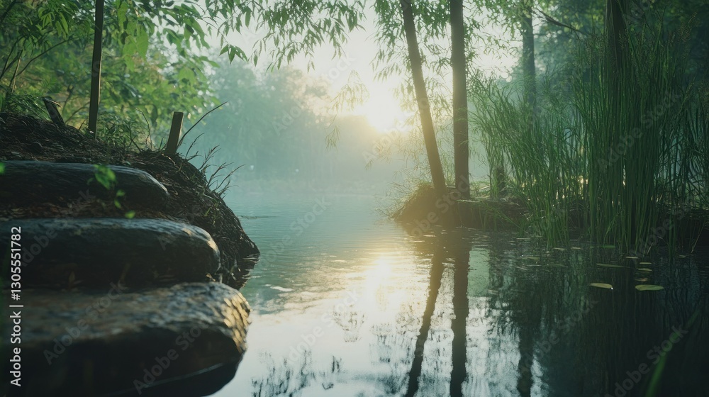 Poster a serene misty river scene with sunlight filtering through trees