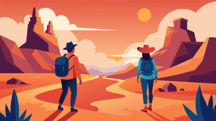 Fototapeta premium Two Gen Xers document their journey of selfdiscovery as they travel through the vast deserted landscapes of the American West capturing the spirit of their wanderlust generation.. Vector illustration