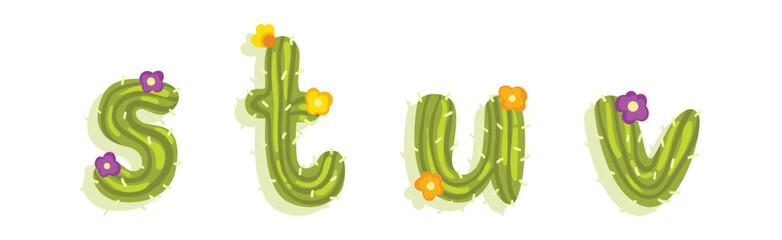 Latin Alphabet of Green Cactus with Blooming Flowers Vector Set