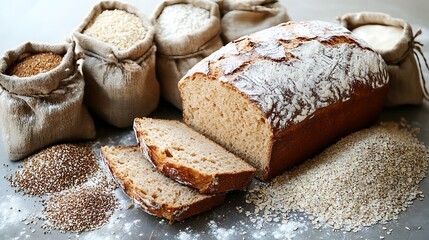 Rustic loaf of gluten free bread sliced to show its airy crumb surrounded by alternative flour sacks emphasizing health conscious baking