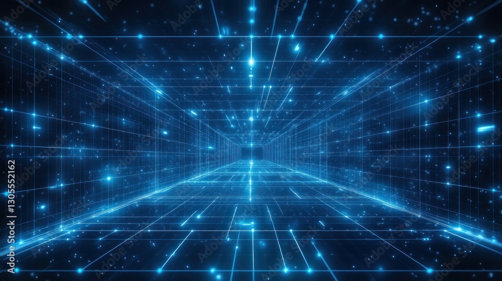 Poster Blue futuristic digital data network extending into the distance is present