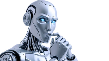 A highly detailed humanoid robot with metallic silver skin gazes directly into the camera lens with a contemplative expression as it assumes the classic thinker pose, its right hand cradling its chin
