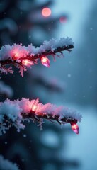 A delicate pink fairy lights strung across a frosty winter tree branch, frosty, pink christmas lights