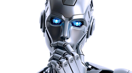 A highly detailed humanoid robot with metallic silver skin gazes directly into the camera lens with a contemplative expression as it assumes the classic thinker pose, its right hand cradling its chin