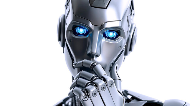 A highly detailed humanoid robot with metallic silver skin gazes directly into the camera lens with a contemplative expression as it assumes the classic thinker pose, its right hand cradling its chin
