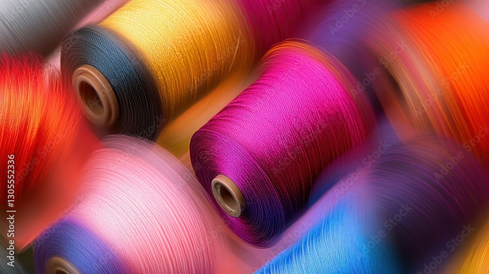Poster spools of thread in various colors provide vibrant background