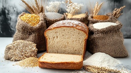Rustic loaf of gluten free bread sliced to show its airy crumb surrounded by alternative flour sacks emphasizing health conscious baking