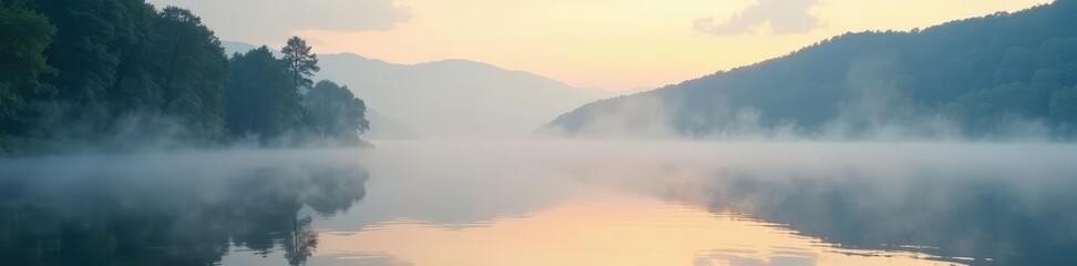 Fototapeta premium Mist rising from lake's surface in morning haze, reflective, light, shadows