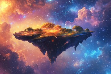 A surreal floating island with trees sits in the cosmos