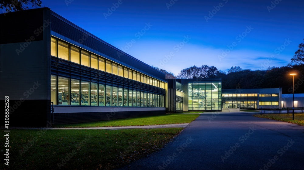 Poster modern building exterior with illuminated windows at twilight evening