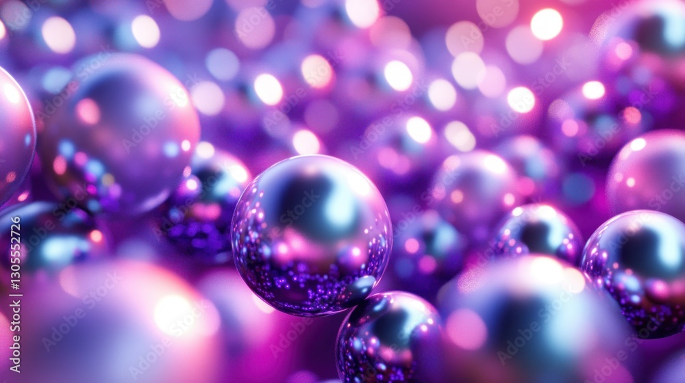Poster metallic spheres floating and reflecting light of various colors within the darkness