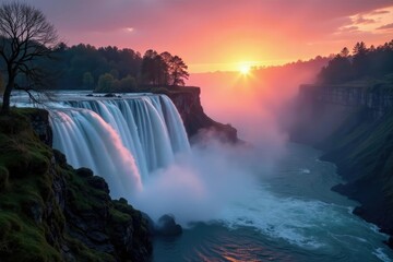 Misty dawn breaks, revealing waterfall's majesty, trees, nature