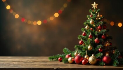 Rustic wooden tabletop with a stunning sepia-toned Christmas tree and garlands, christmas tree, festive, season
