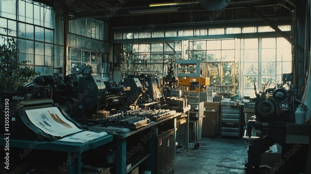Poster An old printing press machine in a workshop setting
