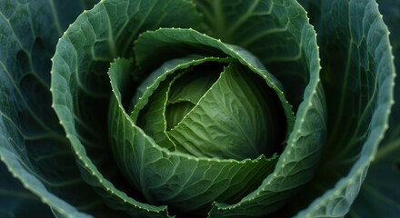 Fototapeta premium Close-up of Fresh Green Cabbage Head with Leaf Detail