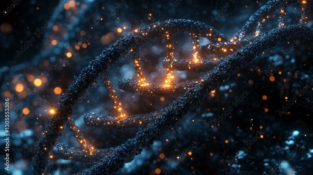 Poster glowing dna strand represents genetic code in a dark background