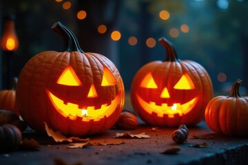 Fototapeta premium Carved jack-o-lanterns placed in a candelabrum, warm glow, ambiance, jack-o-lanterns