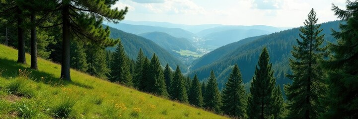 Fototapeta premium Dense Pine forest on a hill in Wallonia countryside P, foliage, dense
