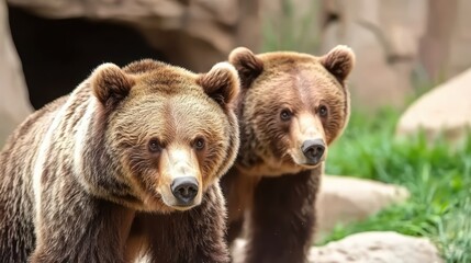 Fototapeta premium Two Brown Bears Playing in the Zoo Creating Chaos and Fun for Visitors and Wildlife Enthusiasts