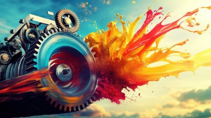 Colorful gears spinning and displaying splashy paint explosions in the sky