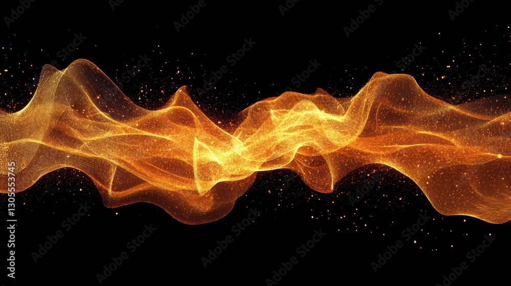 Aufkleber golden wavy particle stream illuminated against dark black background