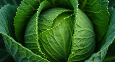 Fototapeta premium Close-up of Fresh Green Cabbage Head with Textured Leaves