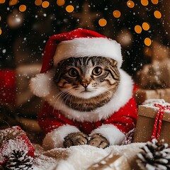 Festive Cat Posing by Christmas Tree