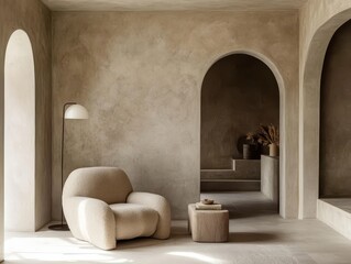 Interior design showcasing a cozy armchair and minimal architectural features