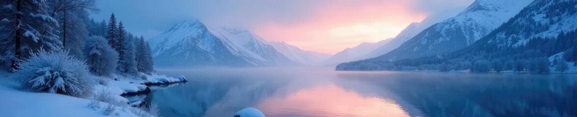 Misty fjord landscape with snow-covered trees and frozen lake at dusk during polar night, frozen, fjords, lake