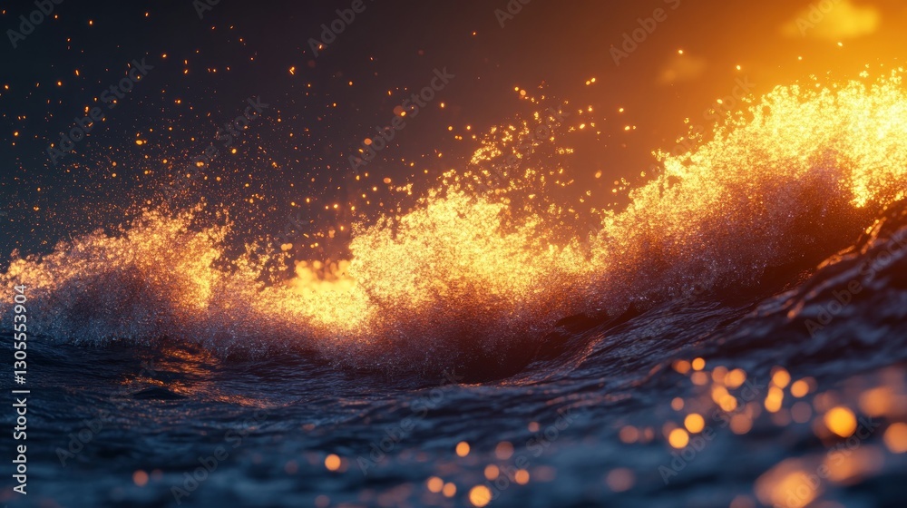 Poster a glowing fiery wave is breaking with a dramatic illuminated effect