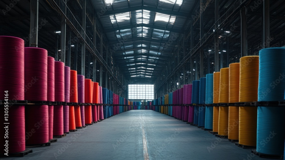 Aufkleber colorful thread spools arranged in rows inside a large warehouse