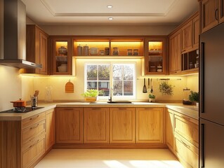 Beautifully Illuminated U Shaped Kitchen Features Wooden Cabinets and Appliances