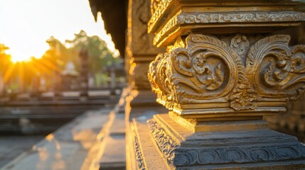The detailed image shows a golden architectural column in daylight