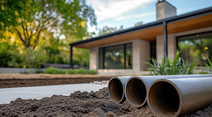 Pipes rest in freshly turned dirt as part of a landscaping project in front of a modern home. The warm afternoon light highlights the freshly prepared area ready for further development