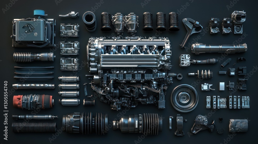 Poster detailed top down image showing all engine parts arranged perfectly