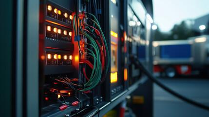 A close-up of a technology panel showcasing various wires and lights. The setup is located outdoors during twilight, highlighting the intricate connections and glowing indicators