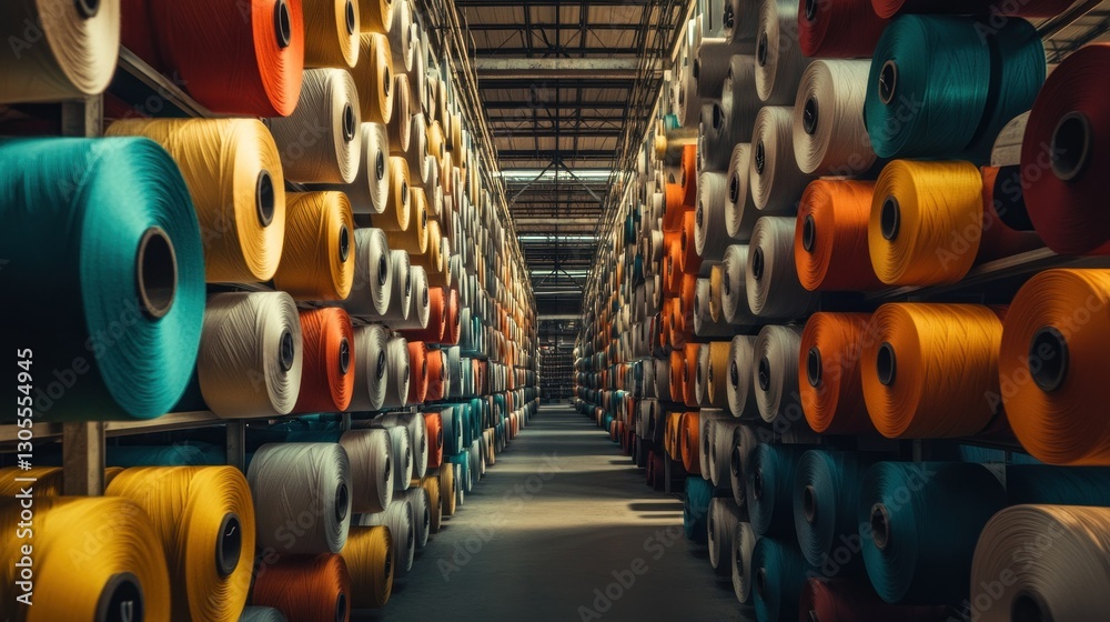 Poster a warehouse is filled with colorful spools of thread