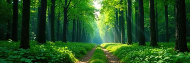 Fototapeta premium Dense forest with a single path and tall trees, greenery, nature, trees