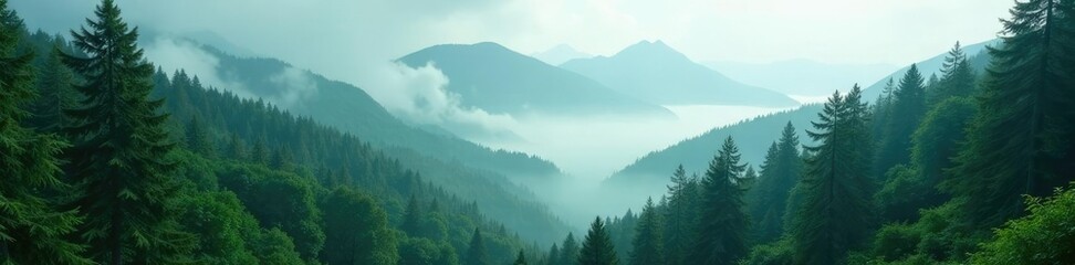 Obraz premium Dense forest of evergreen trees amidst misty lake mountains, green, nature, forest