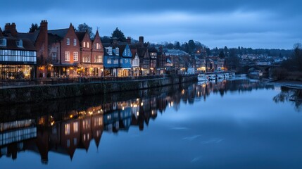 Obraz premium Evening view of historic town buildings along a river reflection